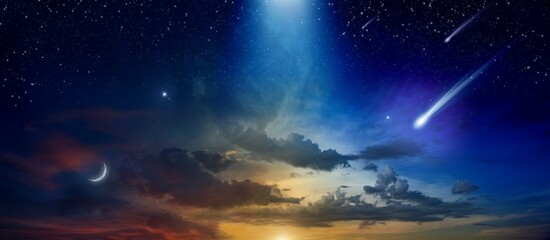 Beautiful glowing sunset, comet and shooting stars, rising crescent moon and bright stars.