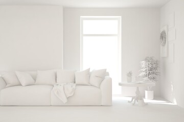 White minimalist living room with sofa. Scandinavian interior design. 3D illustration