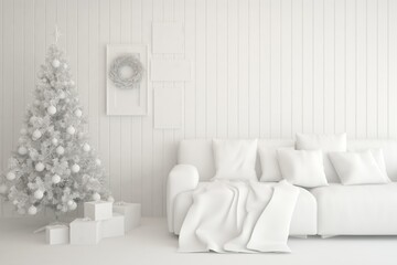 Winter new year interior of living room with sofa. Scandinavian design. 3D illustration