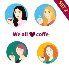 Set 2 of cute girls with cup of coffee, espresso latte and cappuccino.  Collection of woman with hot beverage for avatar, icon, symbol and illustrations.