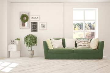 White living room with sofa. Scandinavian interior design. 3D illustration