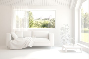 White living room with sofa and summer landscape in window. Scandinavian interior design. 3D illustration