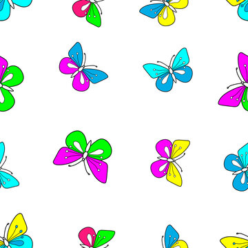 Hand-drawn colored vector illustration of one butterfly is flying on a white background. Seamless pattern