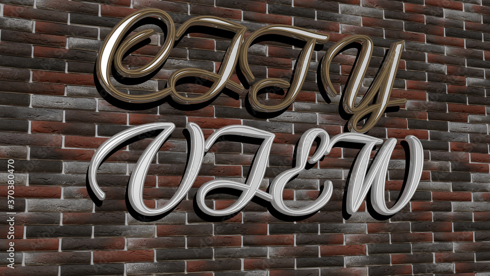 Poster 3d illustration of city view graphics and text made by metallic dice letters for the related meaning