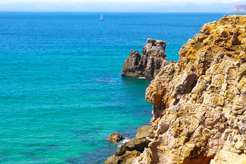 Landscape of coves in Conil de la Frontera, from top, with turquoise blue water, Cadiz, Andalucia, Spain