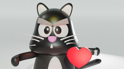 Cartoon design with cat and heart . 3d render