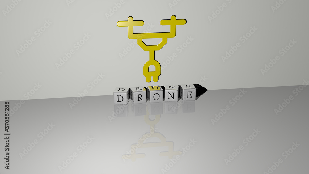 Poster 3D graphical image of DRONE vertically along with text built by metallic cubic letters from the top perspective, excellent for the concept presentation and slideshows. aerial and view