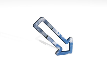 DIAGRAM ARROW DOWN RIGHT CORNER made by 3D illustration of a shiny metallic sculpture casting shadow on light background. business and chart