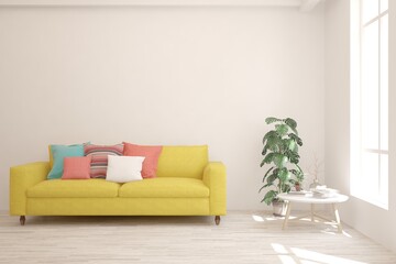 White living room with sofa. Scandinavian interior design. 3D illustration