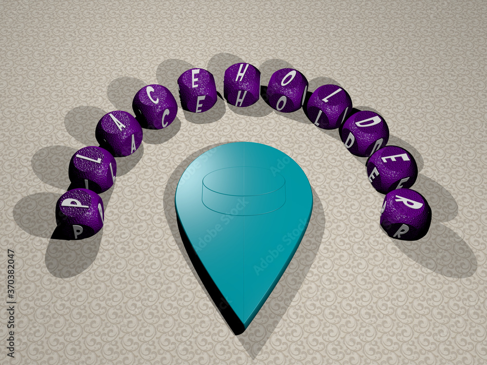Poster 3d representation of placeholder with icon on the wall and text arranged by metallic cubic letters o