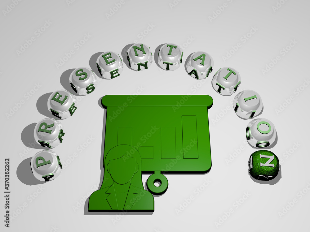Poster 3d illustration of presentation graphics and text around the icon made by metallic dice letters for 