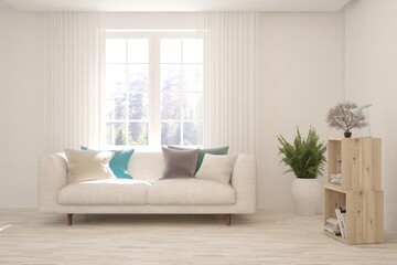 White living room with sofa and winter landscape in window. Scandinavian interior design. 3D illustration