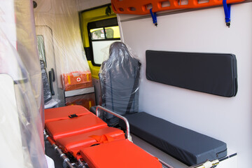 Coronavirus covid 19. The ambulance, equipped for the carriage of patients.