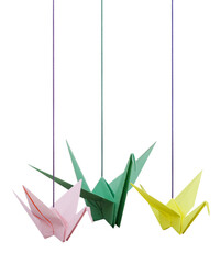 origami paper cranes haning with string