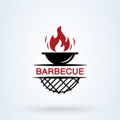 Barbecue restaurant - minimalist logo concept. Logo of Barbecue, Grill and Bar with fire, spatula. BBQ logo template. Grunge texture. Vector Simple modern icon design illustration.