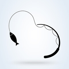 Fishing rod and fish icon in black style isolated on white background. Fishing symbol stock vector illustration. Simple modern icon design illustration.