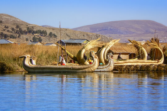 Uro worker men building totora reed boats, floating Uros Islands, Lake Titicaca, Peru, South America