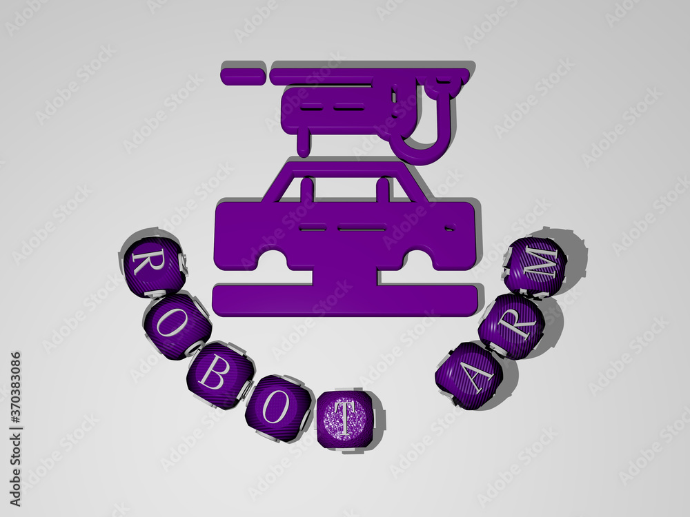 Poster 3d representation of robot arm with icon on the wall and text arranged by metallic cubic letters on 