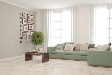 White living room with sofa. Scandinavian interior design. 3D illustration