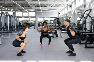 Fototapeta na wymiar caucasian trainer is teaching exercises with weights to diverse attractive women, dumbbell, barbell lifting course to increase body muscles to be strong