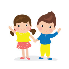 Caucasian preschool kids holding hands.Cartoon children couple, friendship between boy and girl.