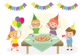 Pizza party banner. Happy birthday card. Cartoon caucasian children celebrate.