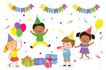 Obraz na płótnie Canvas Cute multiethnic children celebrating. Cartoon kids birthday or new year party.