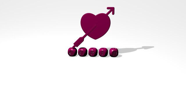 3D illustration of CUPID graphics and text made by metallic dice letters for the related meanings of the concept and presentations. angel and arrow