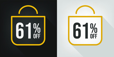 61% off. Black, white and yellow banner with sixty-one percent discount. Shopping bag concept vector.