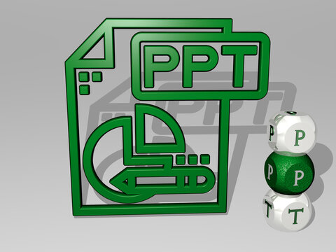3D illustration of ppt graphics and text around the icon made by metallic dice letters for the related meanings of the concept and presentations. background and abstract