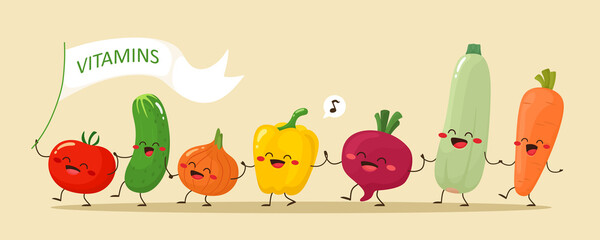 Funny vegetables go hand in hand after each other. Vector vegetable isolates in a cartoon style. Vitamins