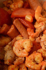 GUMBO INGREDIENTS, SHRIMPS, PORK SAUSAGE, CKICKEN, OKRA, GARLIC, TOMATOES, SPICES, GUMBO FILE