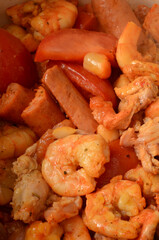 GUMBO INGREDIENTS, SHRIMPS, PORK SAUSAGE, CKICKEN, OKRA, GARLIC, TOMATOES, SPICES, GUMBO FILE