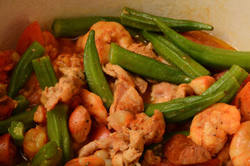 GUMBO INGREDIENTS, SHRIMPS, PORK SAUSAGE, CKICKEN, OKRA, GARLIC, TOMATOES, SPICES, GUMBO FILE