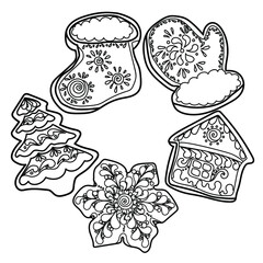 Set of gingerbread outline vector illustration, holiday food coloring page for design and creativity