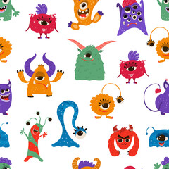 Seamless pattern with funny monsters in cartoon style. Children's background with cute characters for fabric design, Wallpaper, wrapping paper. Vector