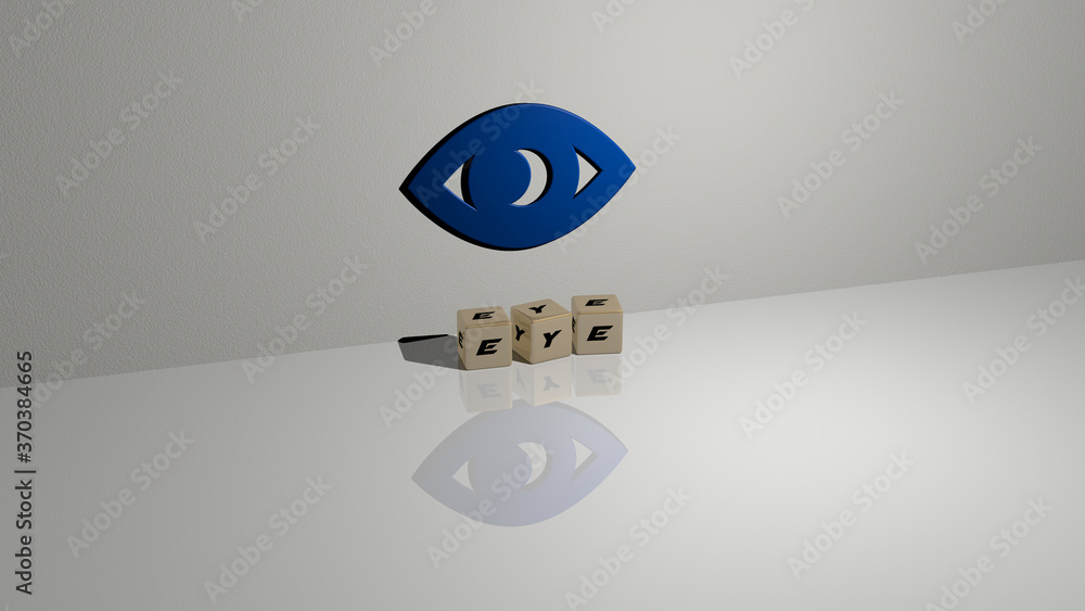 Poster 3d graphical image of eye vertically along with text built by metallic cubic letters from the top pe