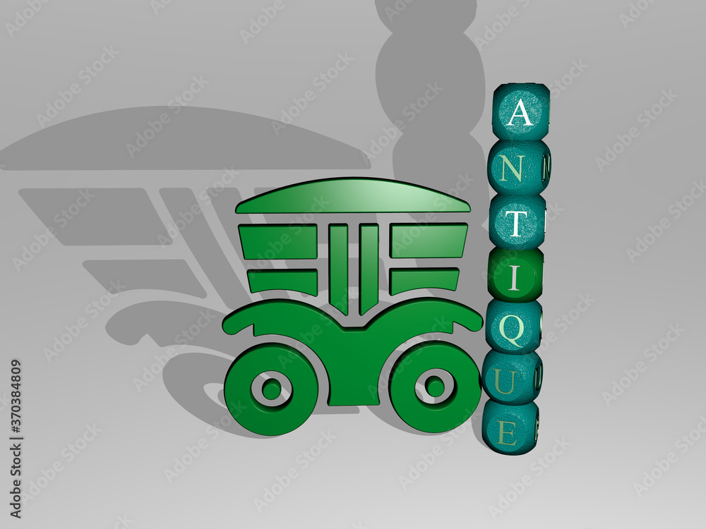 Poster 3d graphical image of antique vertically along with text built around the icon by metallic cubic let