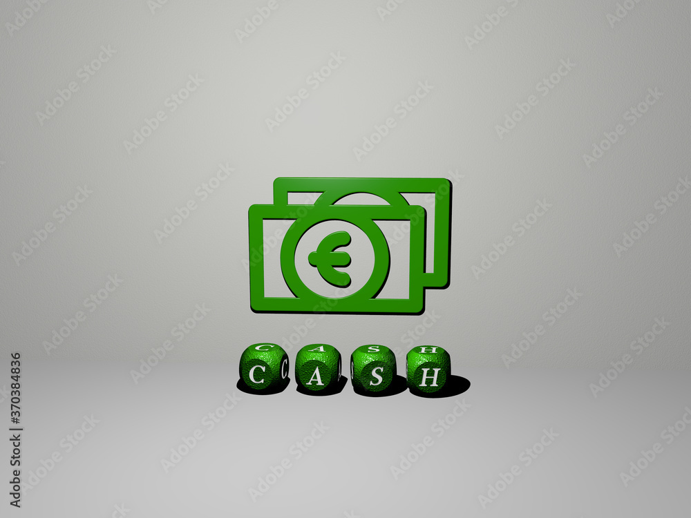 Poster 3d representation of cash with icon on the wall and text arranged by metallic cubic letters on a mir