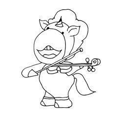 Coloring book for kids - baby unicorn is playing the violin. Black and white cute cartoon unicorns. Vector illustration.