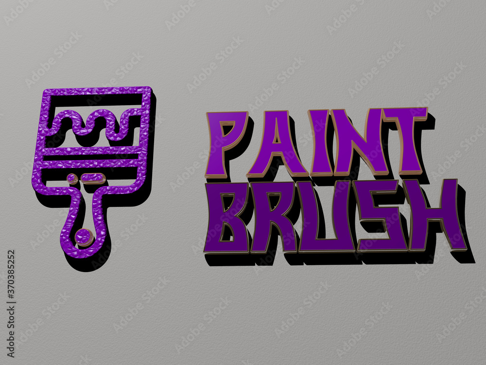 Poster 3d representation of paint brush with icon on the wall and text arranged by metallic cubic letters o