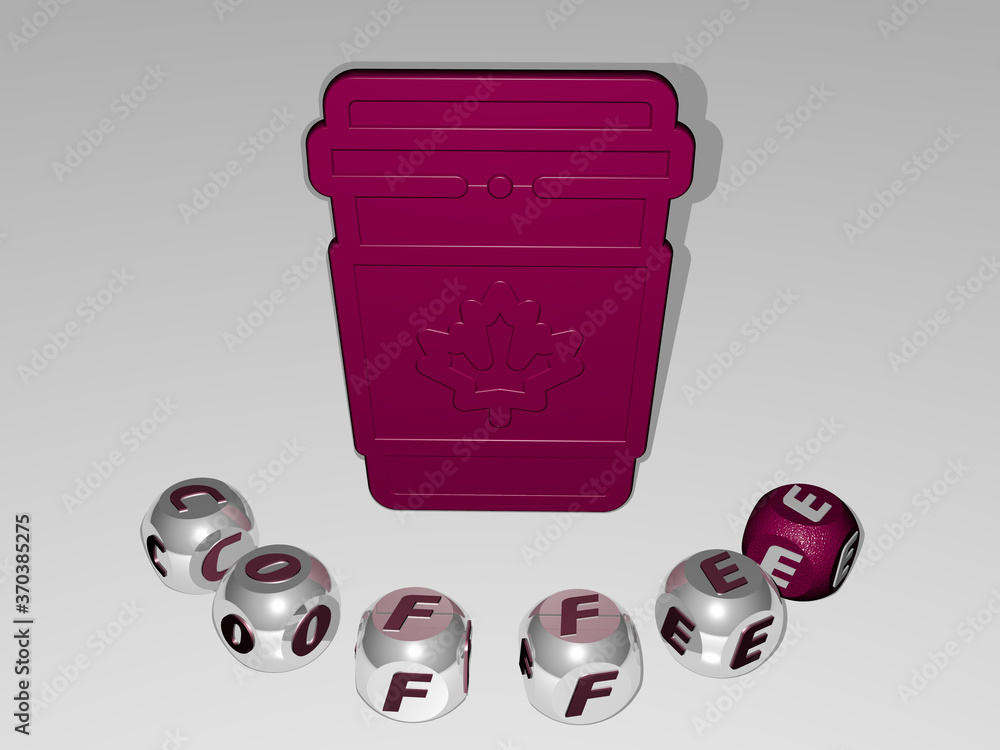 Poster 3d graphical image of coffee vertically along with text built around the icon by metallic cubic lett