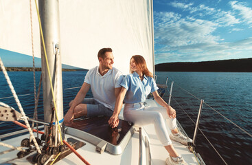 Couple Holding Hands Enjoying Yacht Ride Spending Vacation On River