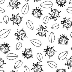 Ladybug and leaves black sketch outline, over white background illustration seamless pattern.