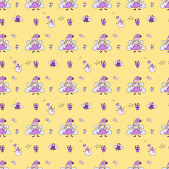 New year 2021 pattern. Christmas magic seamless pattern. Cute fairies and snowman, Christmas star and gifts on a yellow background. For New Year decorations and design, packaging, printing. Vector