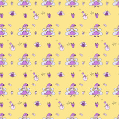 New year 2021 pattern. Christmas magic seamless pattern. Cute fairies and snowman, Christmas star and gifts on a yellow background. For New Year decorations and design, packaging, printing. Vector