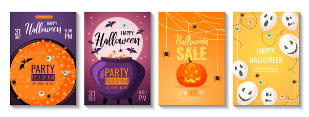 Happy Halloween promo sale and party invitation flyers. Scary pumpkin, cauldron, brewing potion, bats, ghost balloons, spiders, eyes. A4 vector illustration for poster, banner, special offer.