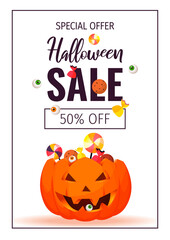 Happy Halloween promo sale flyer. Scary pumpkin with candies. A4 vector illustration for poster, banner, discount, special offer.