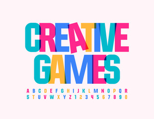 Vector colorful sign Creative Games. Artistic modern Font. Bright Alphabet Letters and Numbers