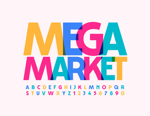 Vector promo sign Mega Market. Bright Font for Business and Shopping. Colorful Alphabet Letters and Numbers